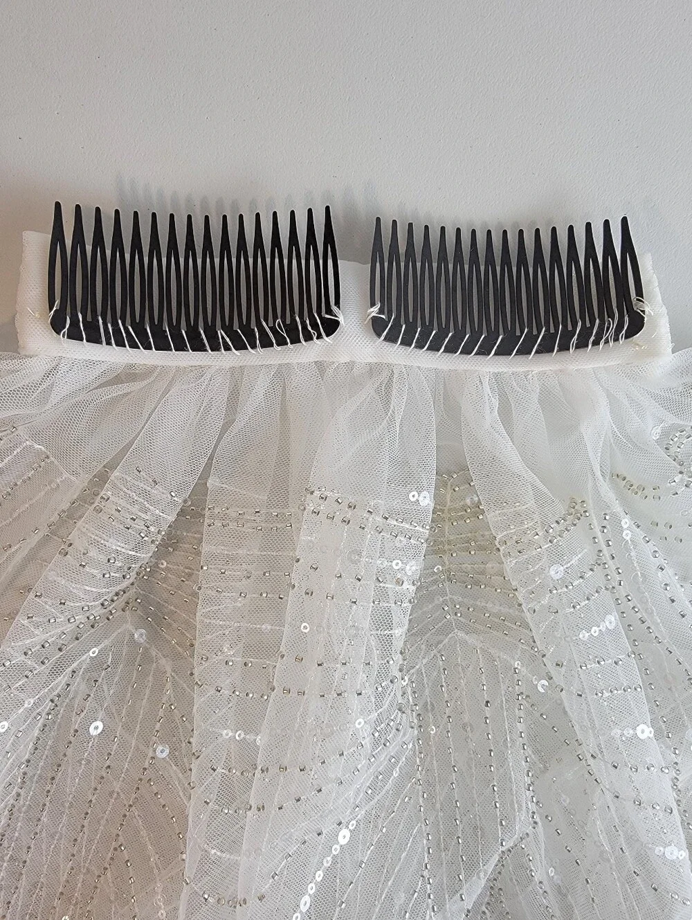 White Tulle Net Ballet Length Veil W/ Faux Pearl Edge, Sequins, Beads, & Comb